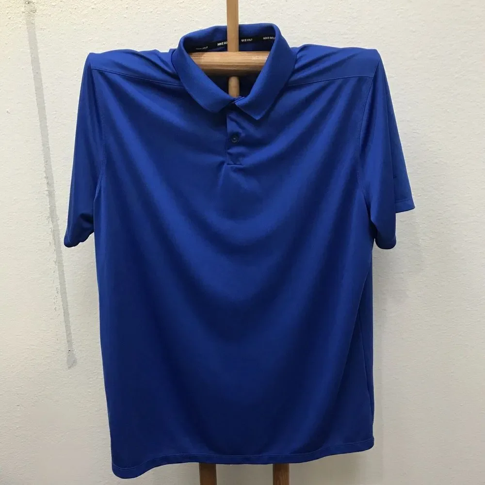 NIKE GOLF POLO SHIRT XL BLUE Logo DRI-FIT PERFORMANCE Button Collar Stretch